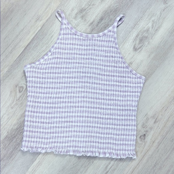 Lavender & White Gingham Print Ruffled Hem High-Neck Racerback Smocked Gauze Top - Picture 1 of 10